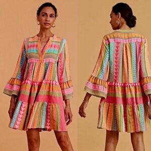 DEVOTION TWINS Ella Short Dress Embroidered Swing Tunic Boho Pink/Orange Medium